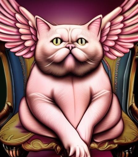 Grumpy Pink Cat with Angel Wings, Digital Art