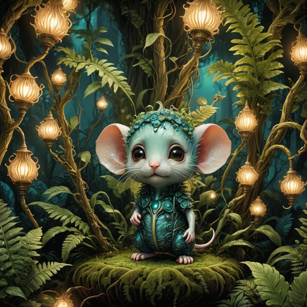 Aqua Chibi Mouse Merging with Biomechanical Fern