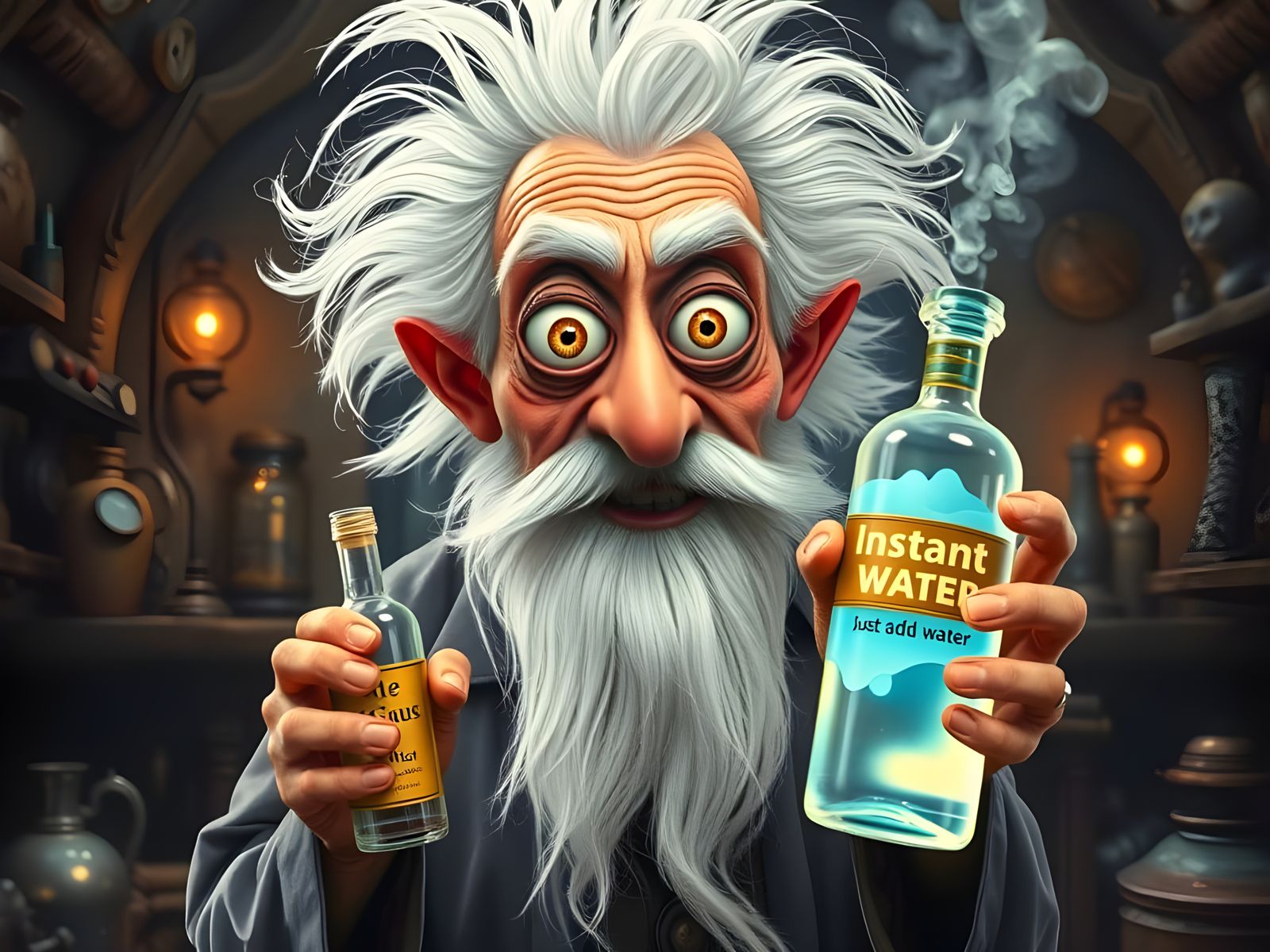 Eccentric Mad Scientist Holds Glowing Potion in Ancient Labo...