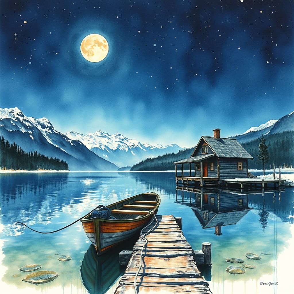 Mountain Lake Cabin in Watercolor Style