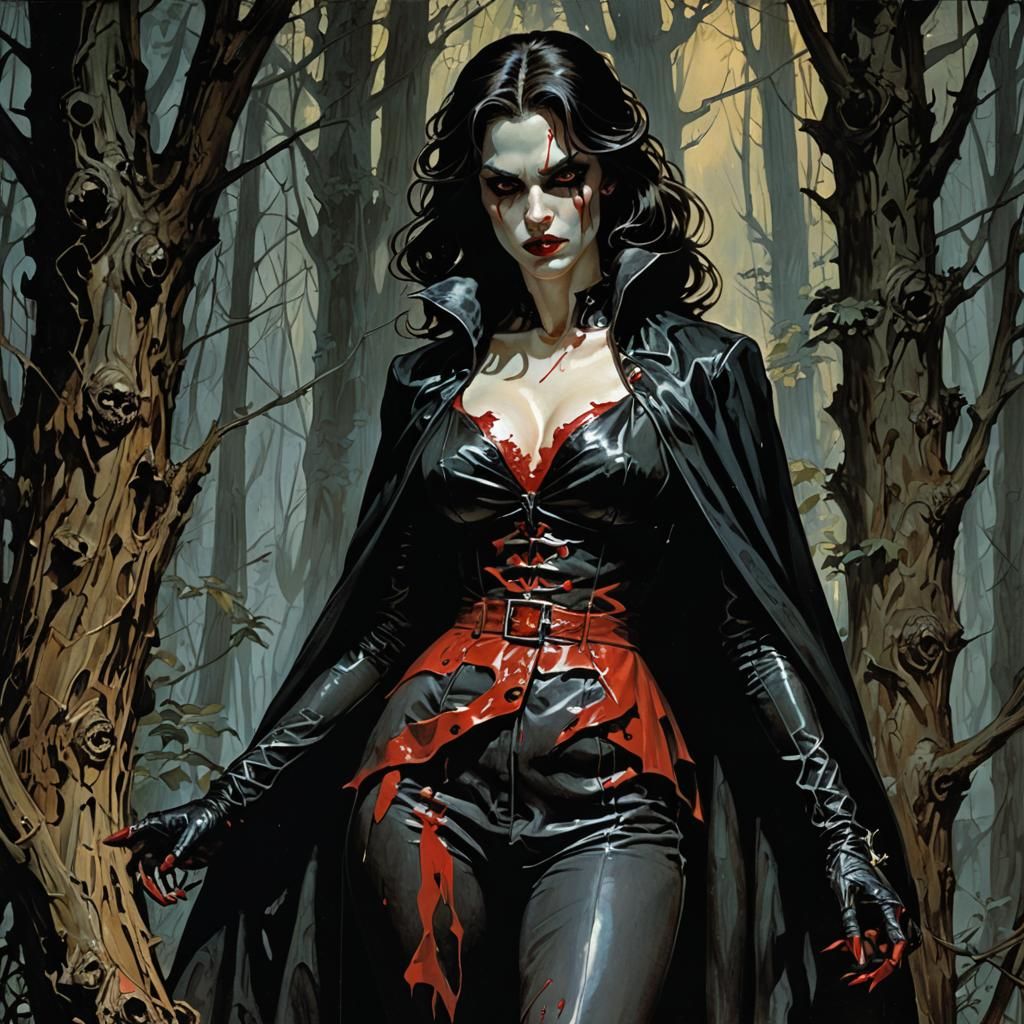 Sadistic Vampire in Dark Woods, Chiaroscuro Painting