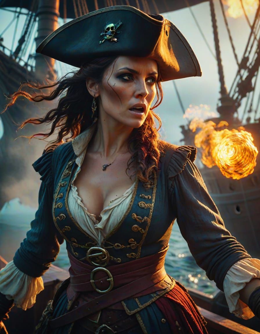 Cinematic Pirate Woman Unleashes Power on Ship