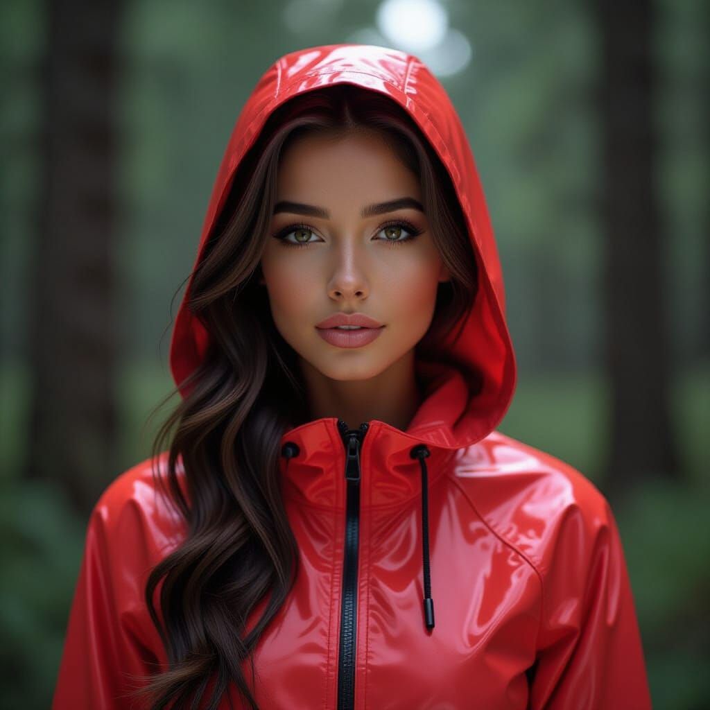 Luminescent Forest: Woman in PVC Suit, Hyperrealistic Style