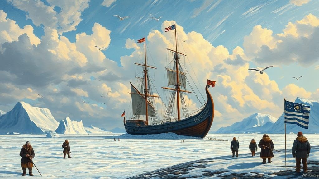 Viking Ship in Antarctic Landscape with Fantasy Elements