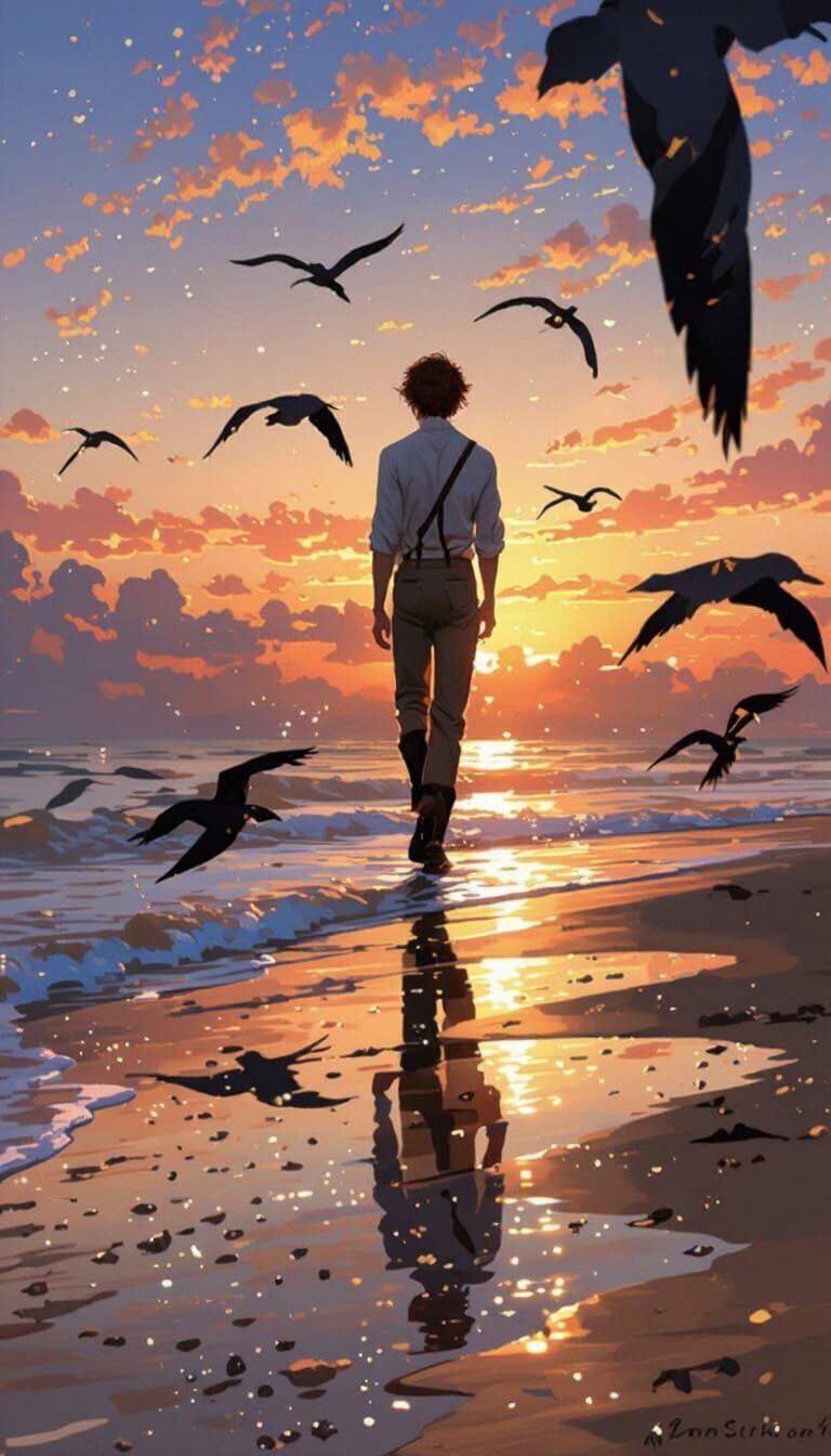 Man on Beach at Fiery Sunset, Romantic Realism Portrait