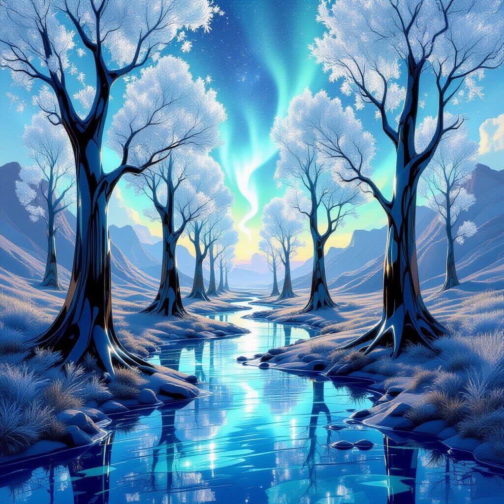 Surreal Obsidian Trees and Glass Rivers Landscape