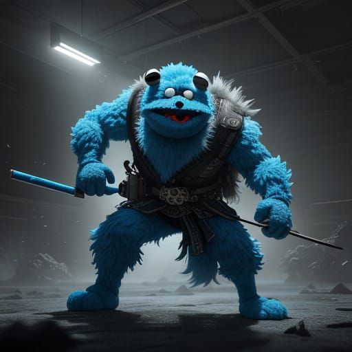 Cookie Monster in High-Energy Anime-Inspired Scene