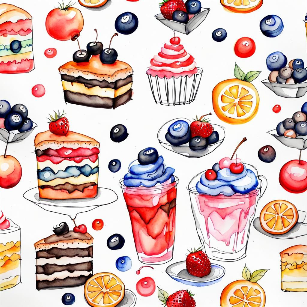 Watercolor Ink Drawing of Sweet Food