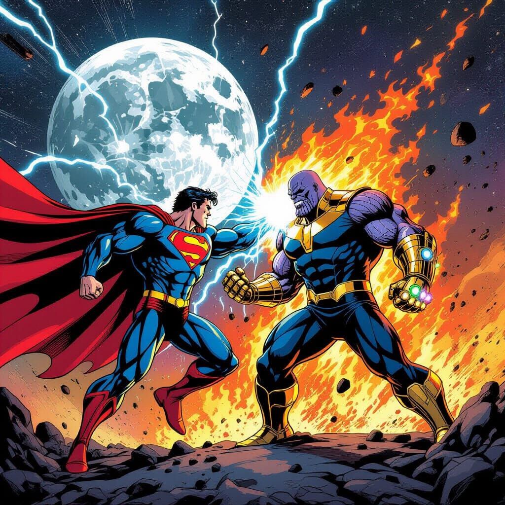 Lightning Superman Fights Fire Thanos in Space