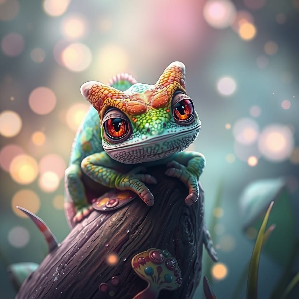 Cute Chameleon on Magical Grass Tip in Enchanted Forest