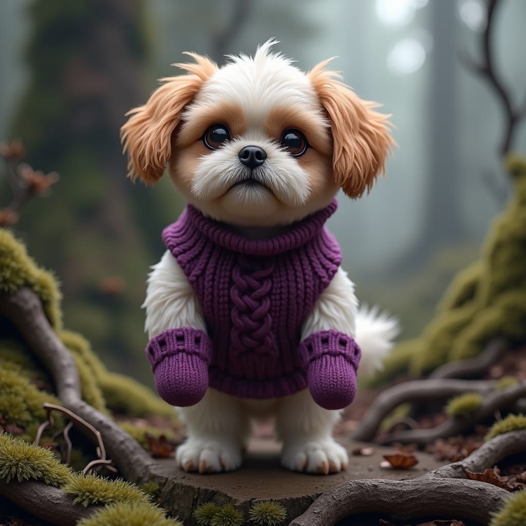 Shitzu Dog in Purple Knitwear: Fantasy Concept Art