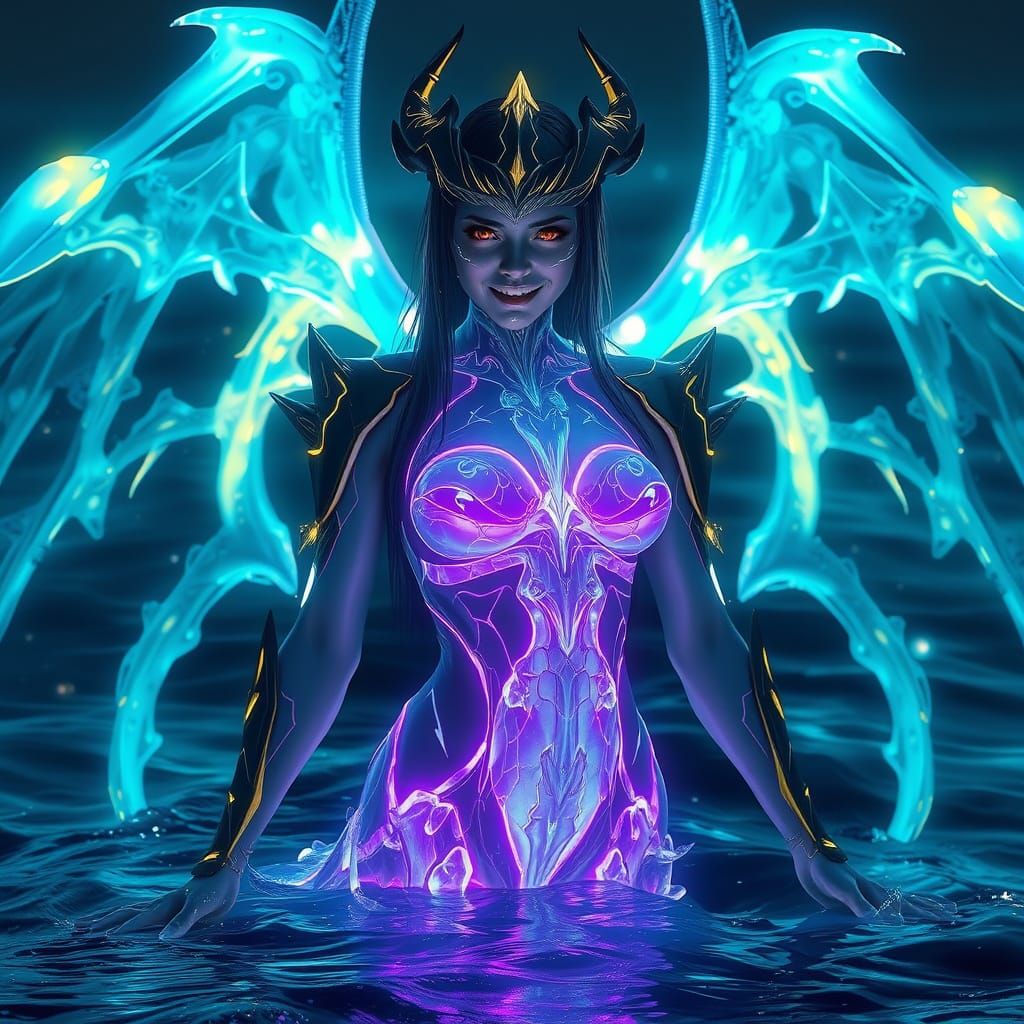 Gently Smiling Cyber Ice Demon in Cyan Bioluminescent Dress