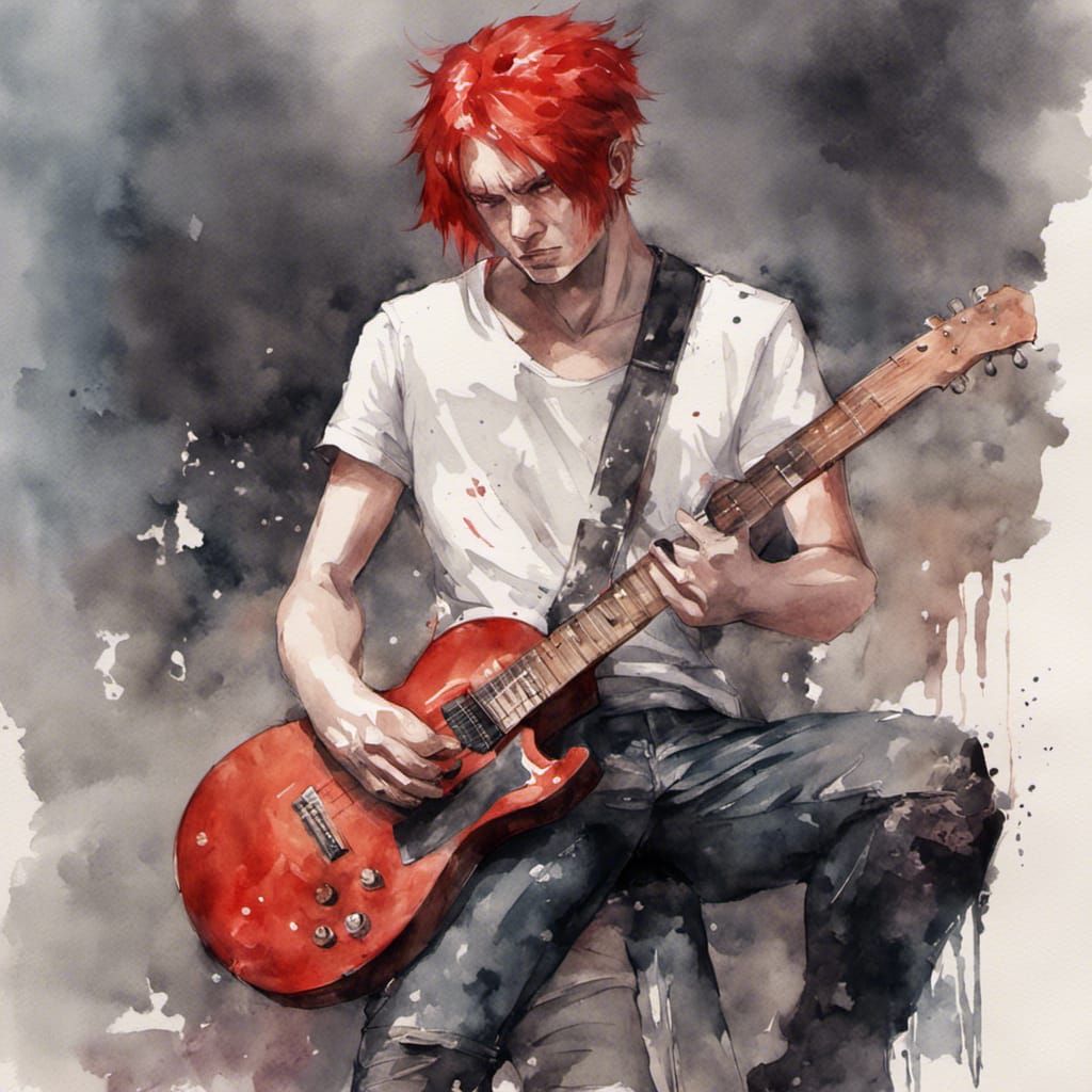 Punk Rock Guitarist in Watercolor Style