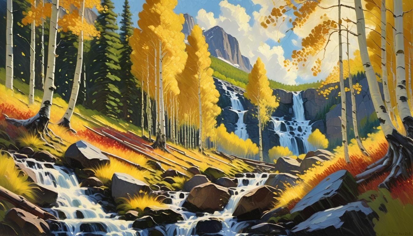 Autumn Waterfall: Impressionist Oil Painting in Vibrant Grov...