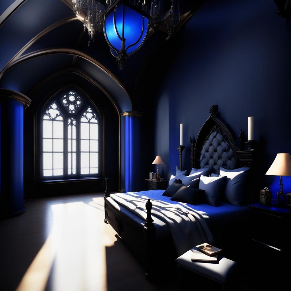 Beautiful gothic bedroom with Cobalt blue walls with black a...