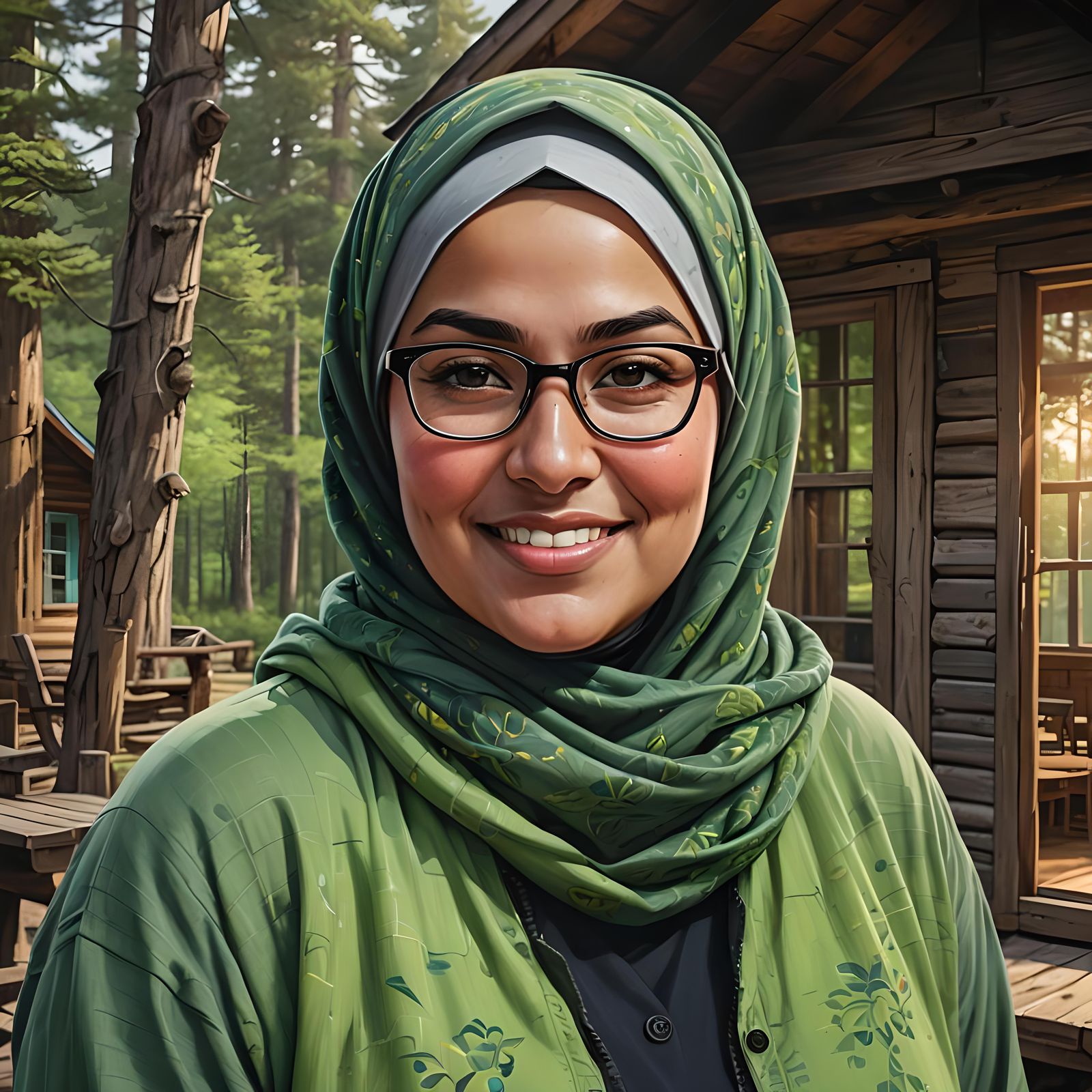 Hyperrealistic Portrait of Woman in Hijab With Cabin Backdro...