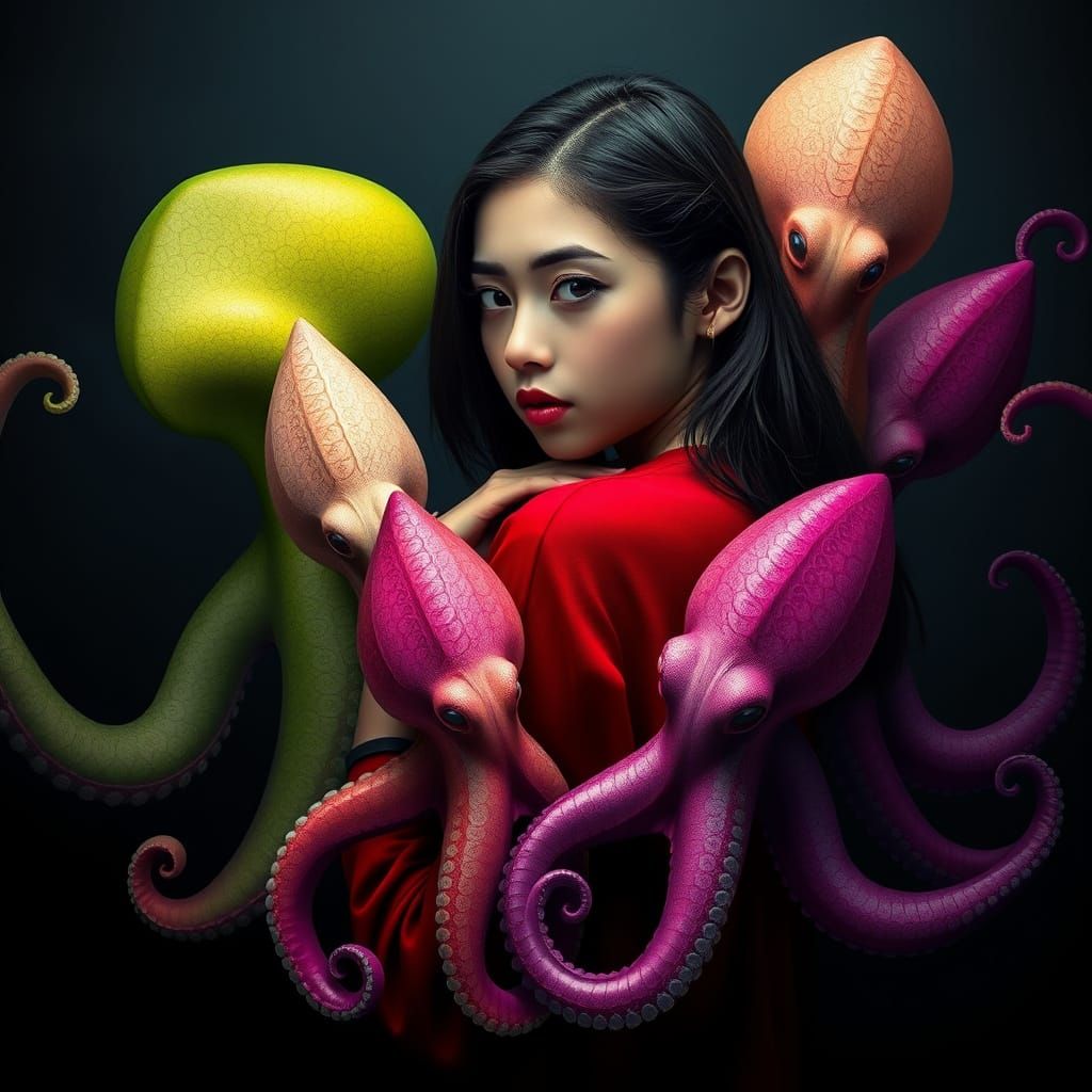 Woman Surrounded by Tentacled Creatures: Hyperrealistic Art