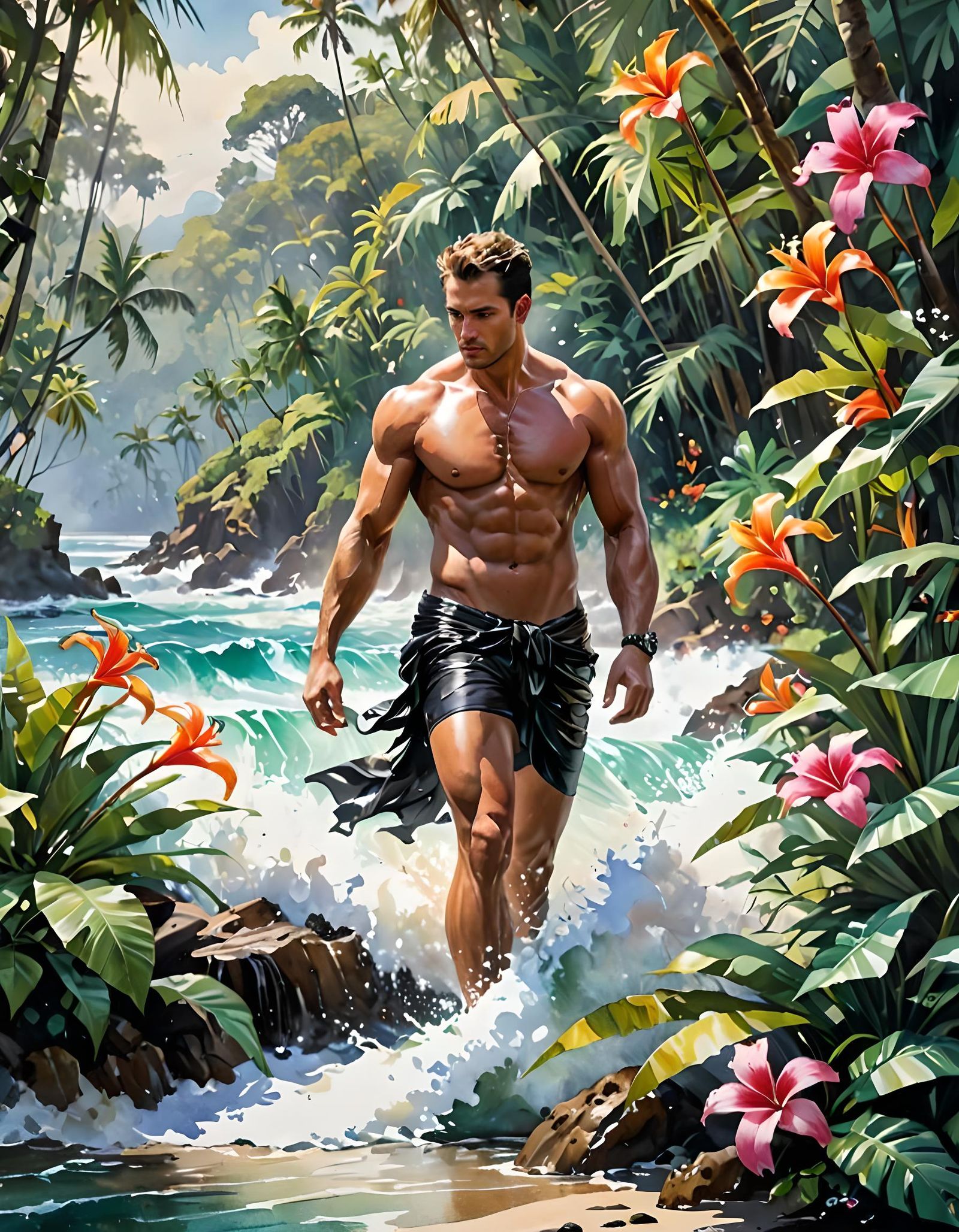 Surreal Tropical Scene with Tucan and Exotic Flowers in Wate...