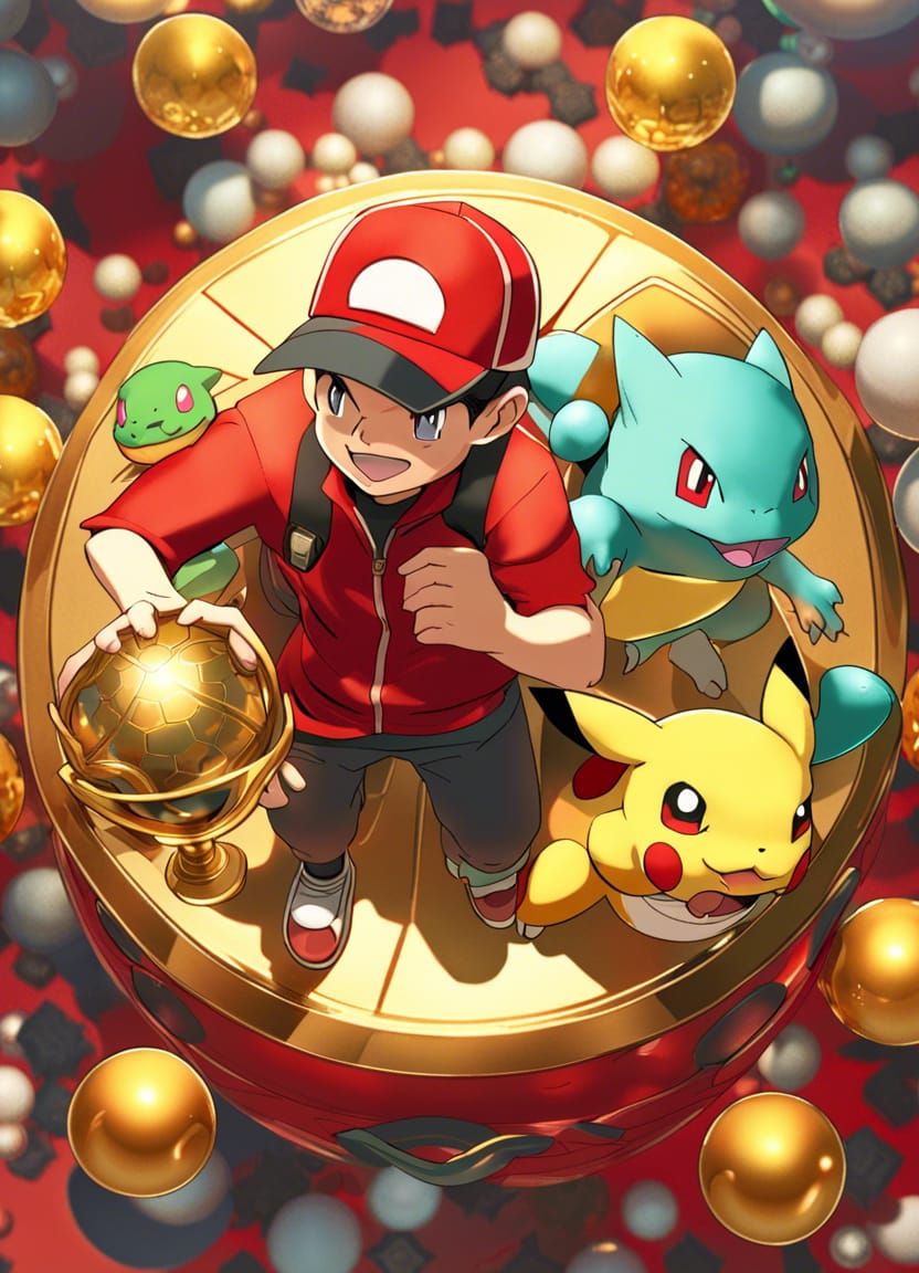 Pokémon Trainer Red Celebrates Victory with Beloved Pokémon