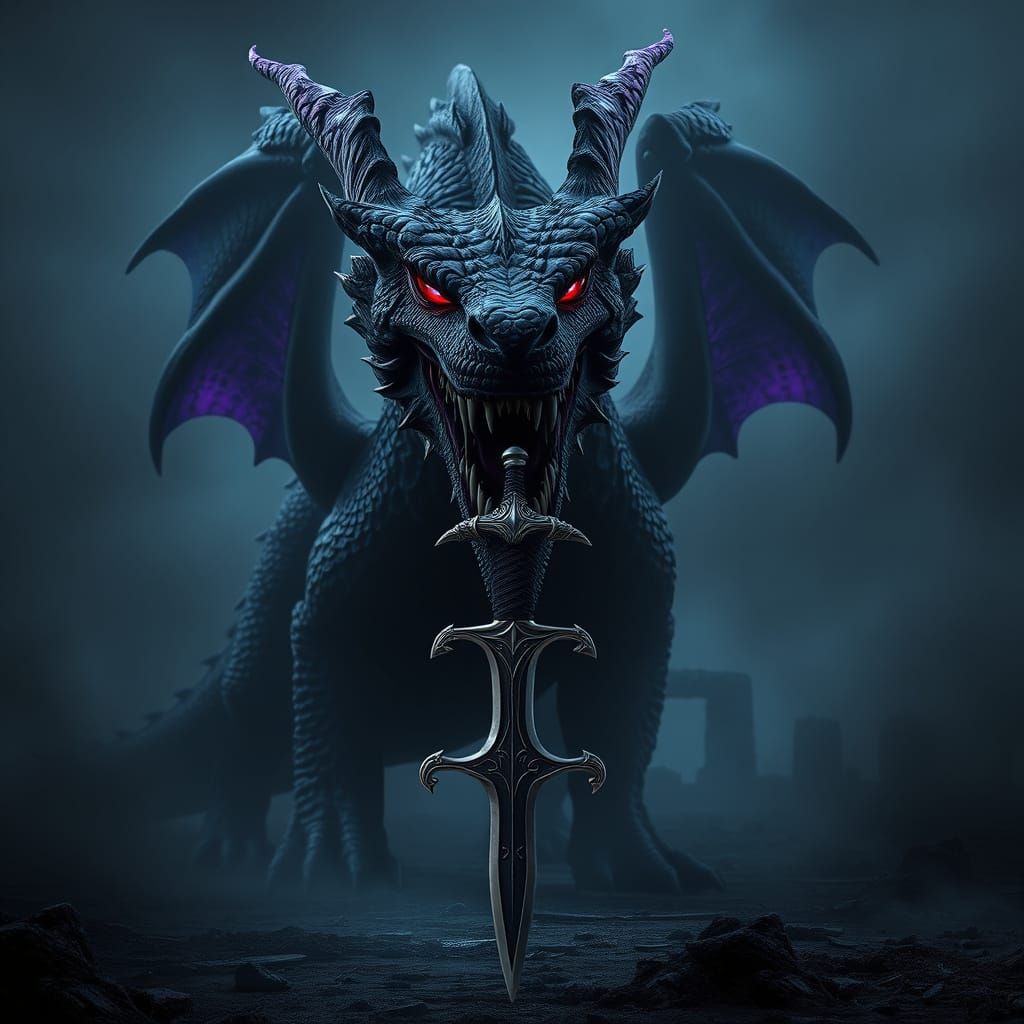 Menacing Dragon in Shadowy Landscape with Ornate Sword