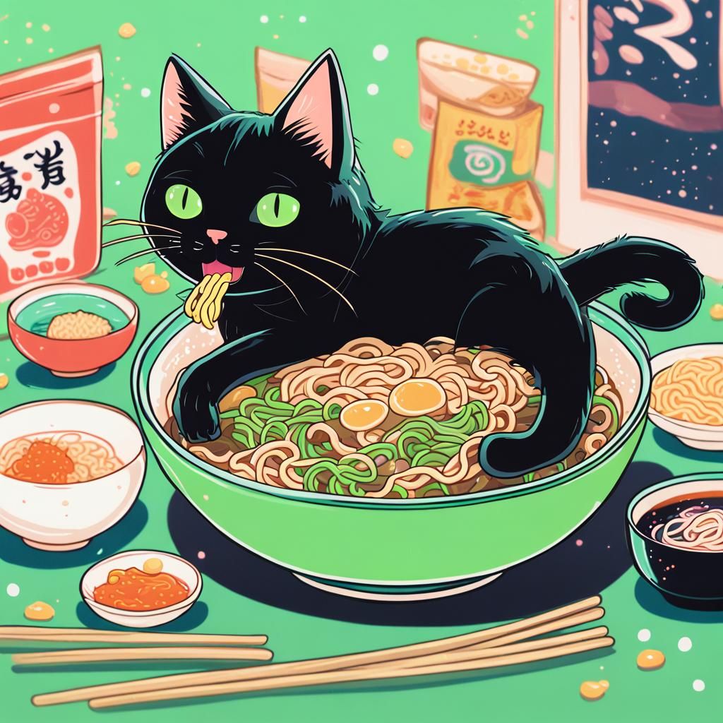 Black Cat Enjoys Ramen in Kawaii Japanese Pop Art