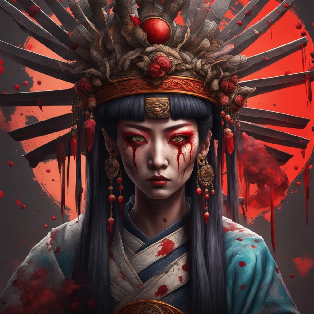 Izanami with Bloody Eyes: Hyperrealistic Splash Art