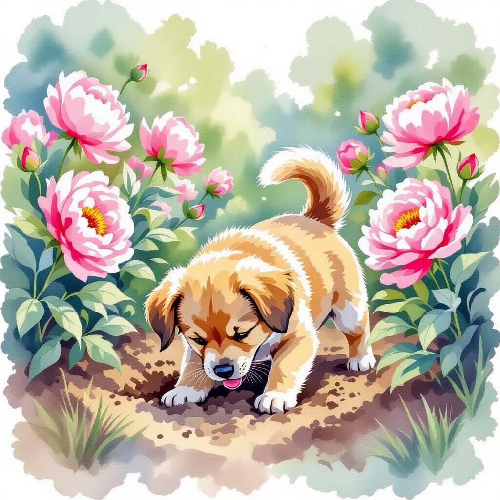 Puppy Digging in Peony Garden as Watercolor Art