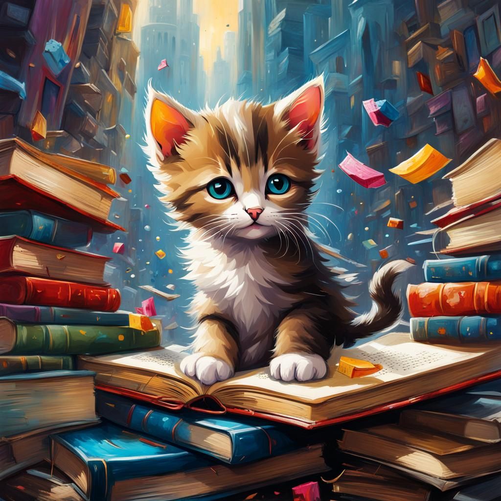 Cute Kitten Plays Among Books in Graffiti Art Style