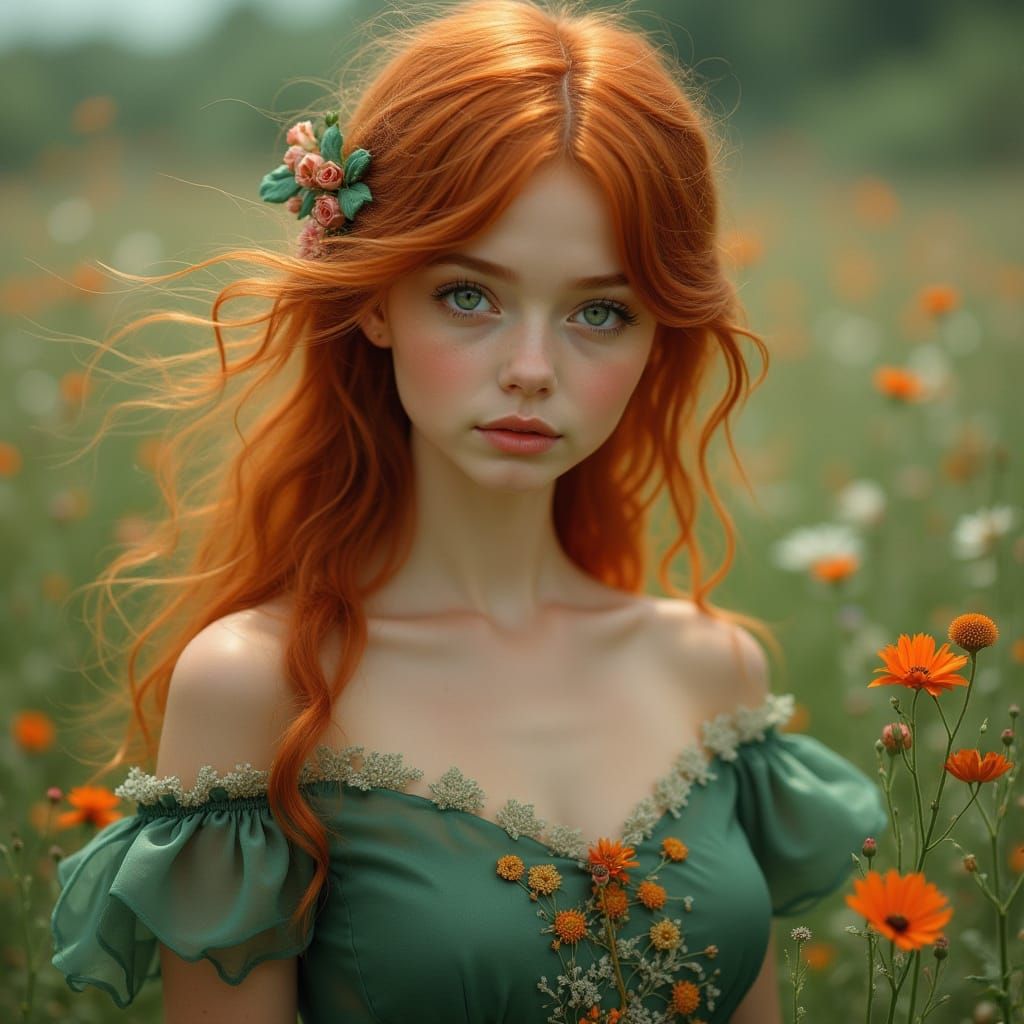 Auburn Beauty in Wildflowers: An Impressionistic Portrait