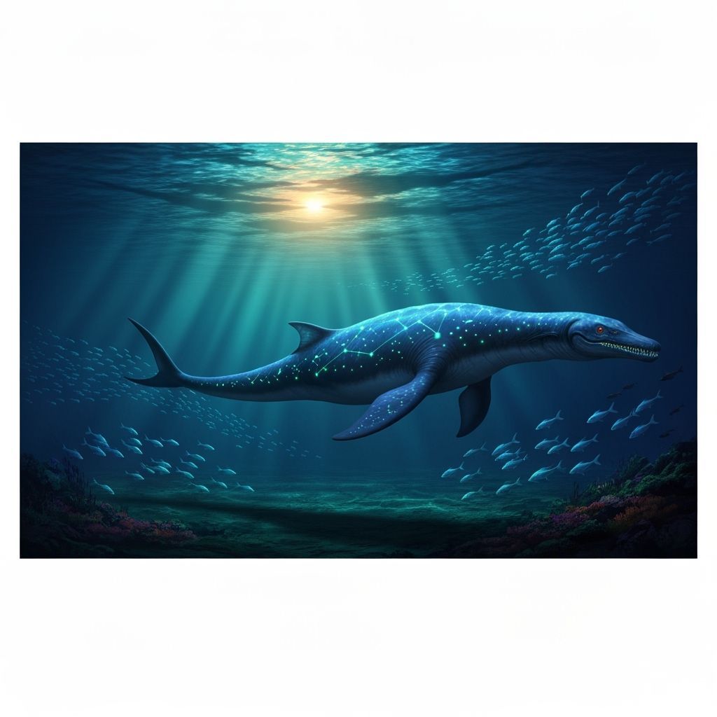 Bioluminescent Plesiosaur in Alien Ocean, Science Fiction Ar...
