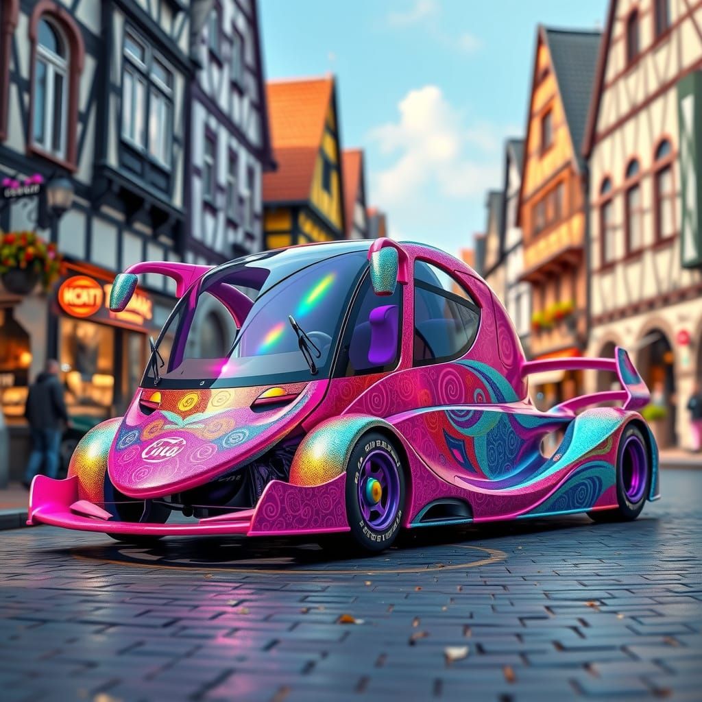 Whimsical F1 Bus Hybrid in Vibrant Candy Art Style