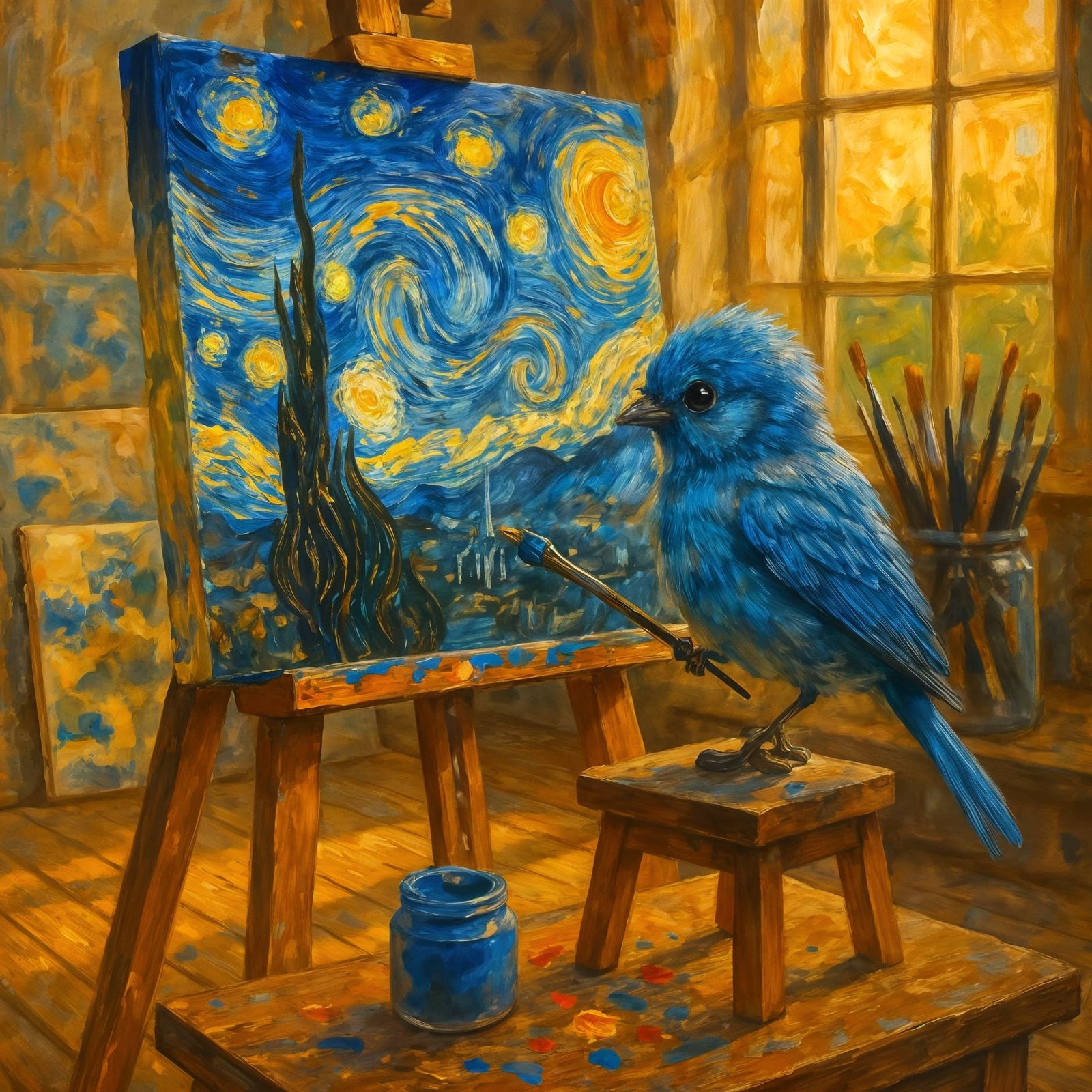 Studio Scene with Bird in Van Gogh Style