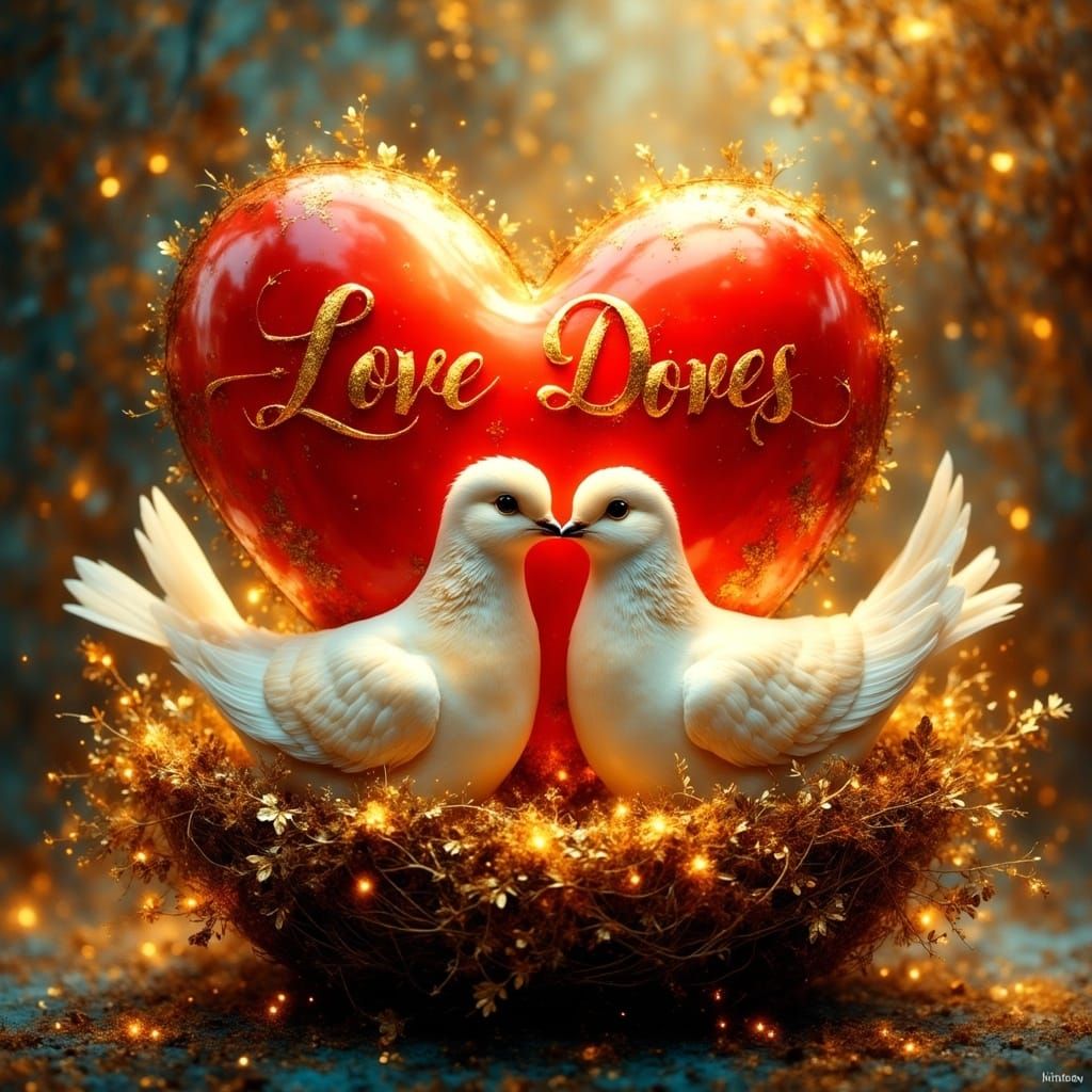 Golden Love Doves in Whimsical Nest
