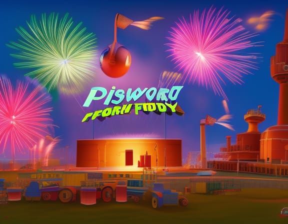 fireworks factory Pixar, Disney, concept art, 3d digital art, Maya 3D, ZBrush Central 3D shading, bright colored backgro...