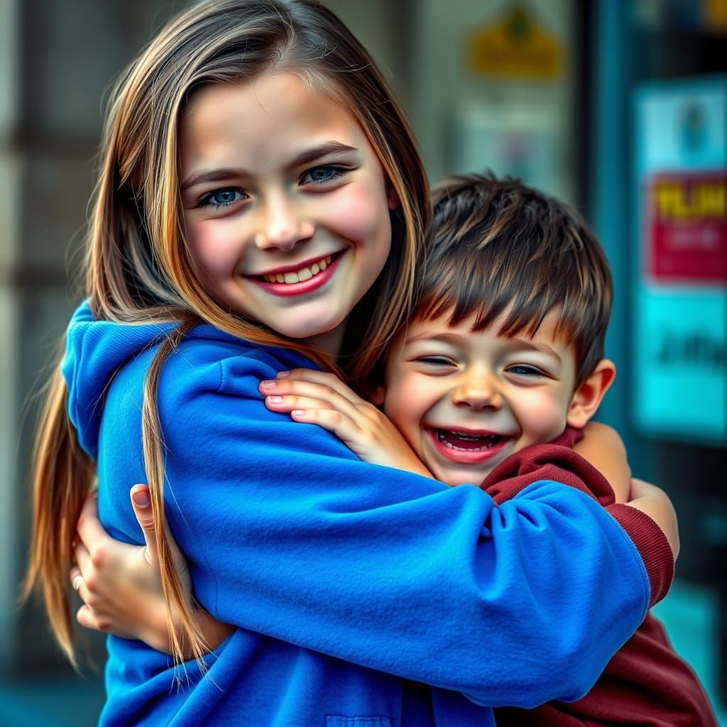 Heartwarming Sibling Hug Captured in Photorealistic Style