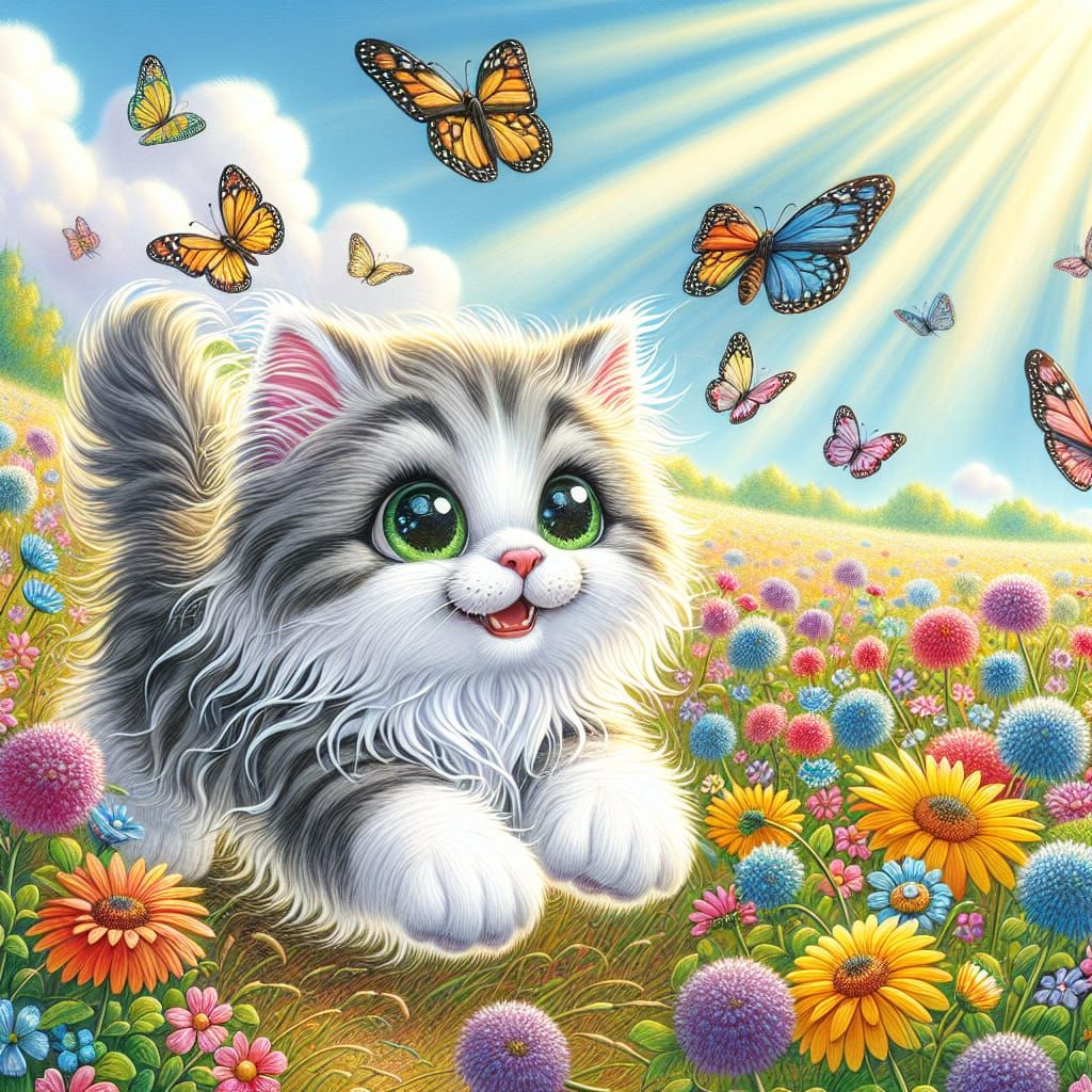 Kitten's Whimsical Butterfly Chase: A Gouache Painting