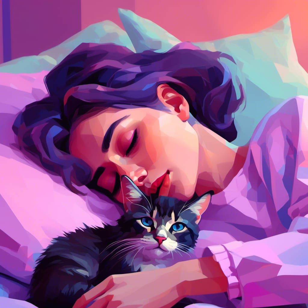 Woman and Cat Asleep in Low-Poly Digital Art