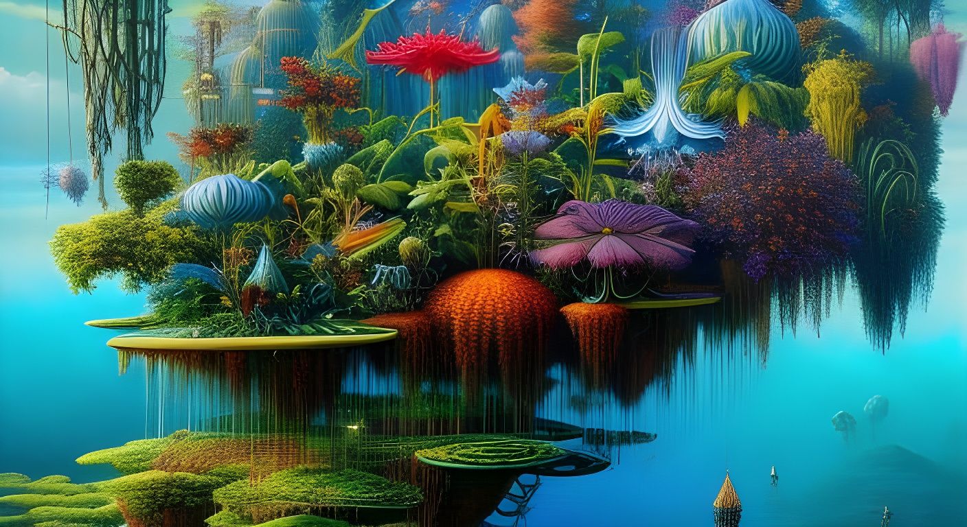 Surreal Botanical Landscape with Floating Water