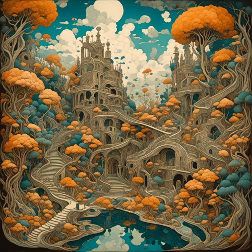 Surreal Garden of Optical Illusions in Dreamlike Style