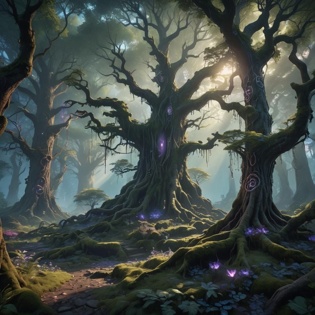 Mystical Forest with Glowing Runes in Fantasy Art Style