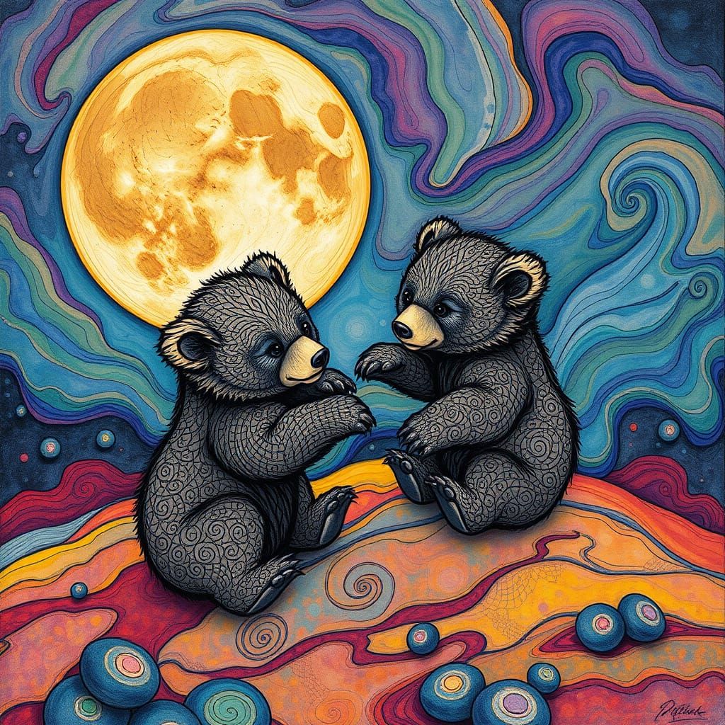 Vibrant Bear Cubs Dance in Whimsical Moonscape