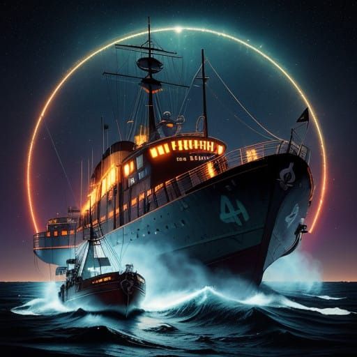 Retro Futuristic Navy Patrol Boat at Midnight in Split Color