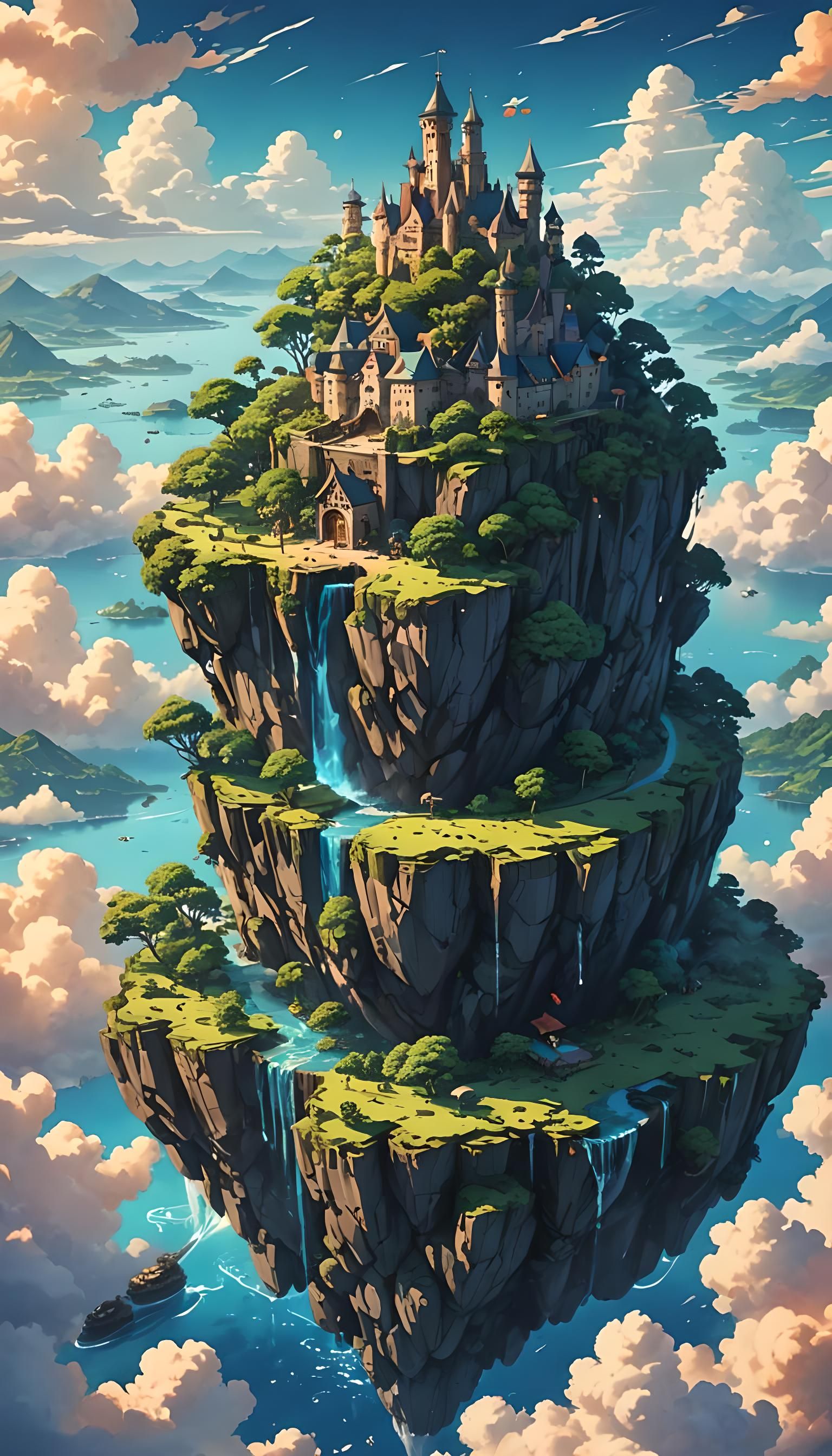 Floating Island Anime Landscape in Ghibli Style