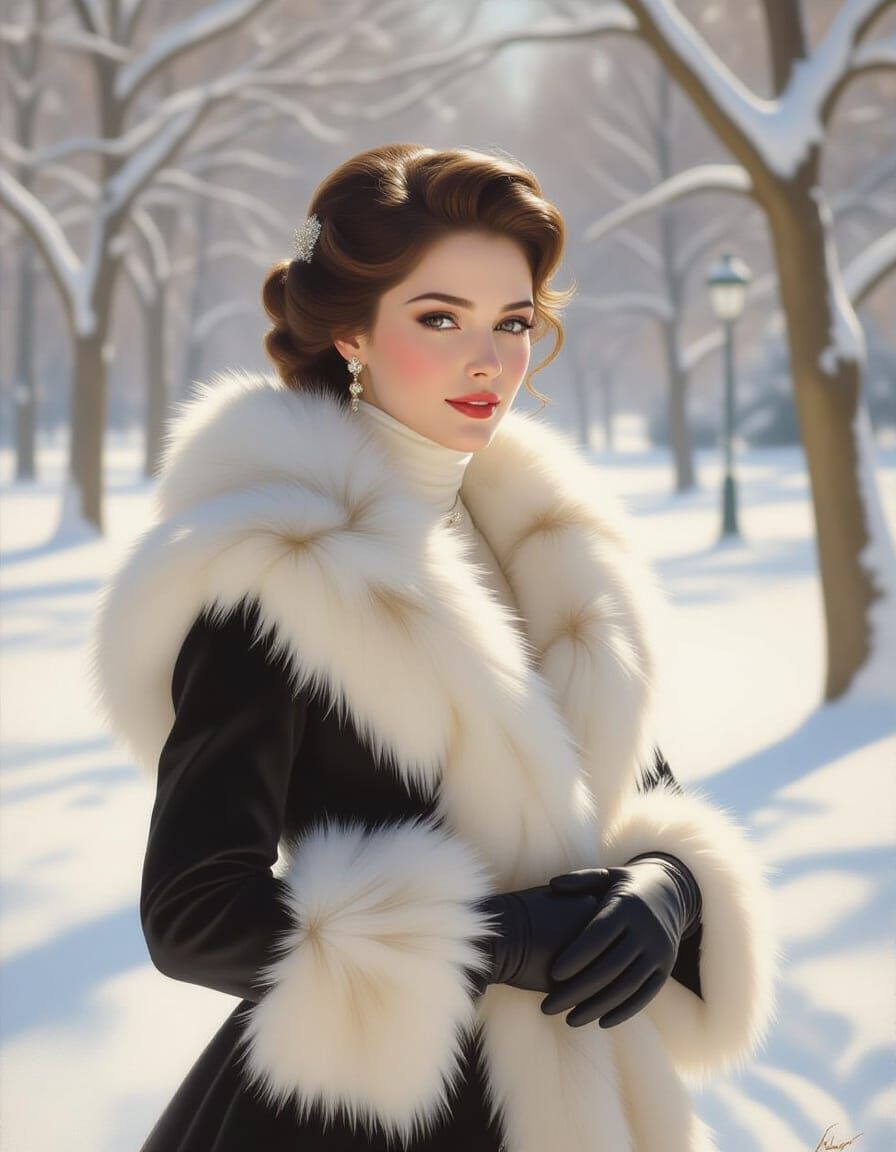 Aristocrat in Luxurious Winter Attire in Snowy Park