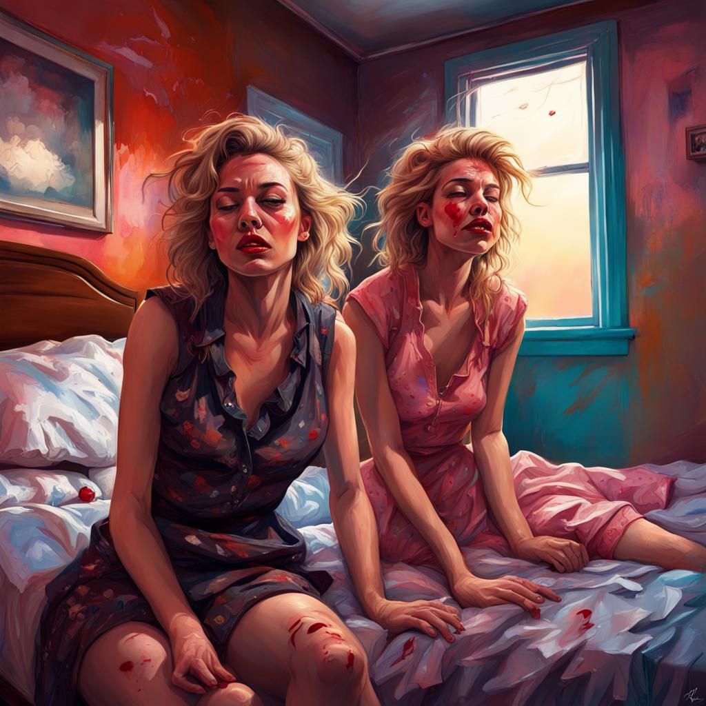 Hyperrealistic Motel Scene with Two Disheveled Women