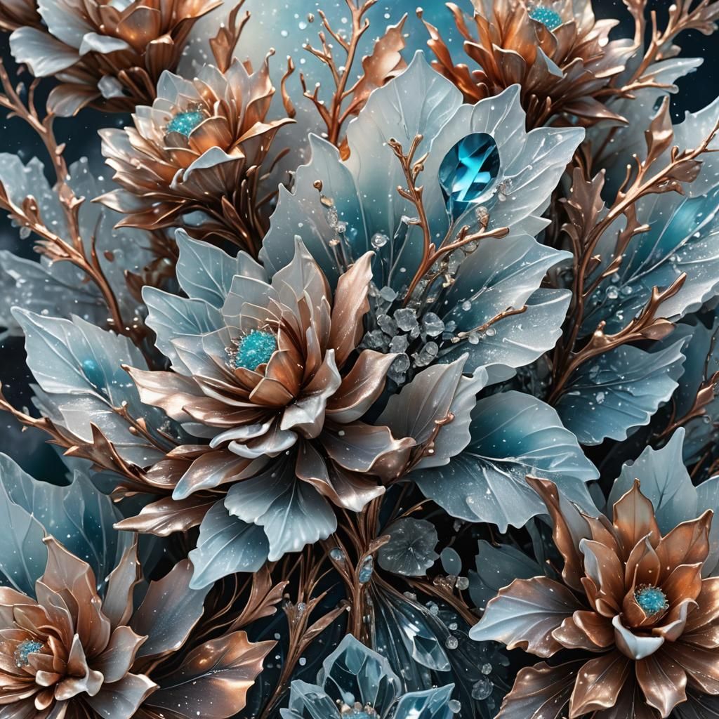 Hyperrealistic Ice and Copper Bouquet in Arctic Scene