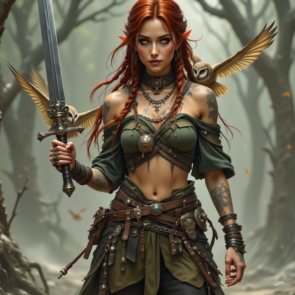 Wood Elf Rogue in Tribal Attire, Rich Braids and Camouflage