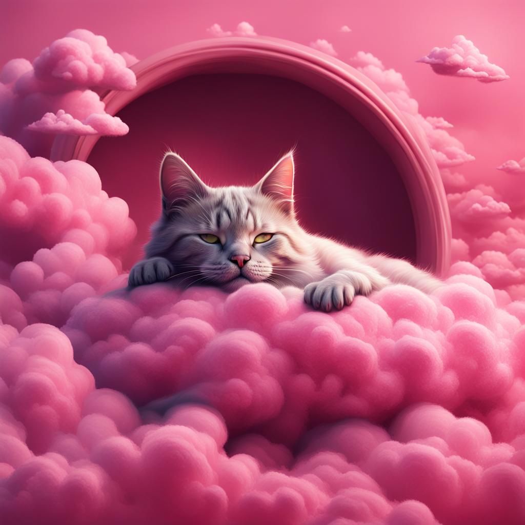 Cat Nap on a Pink Cloud, Detailed Digital Art