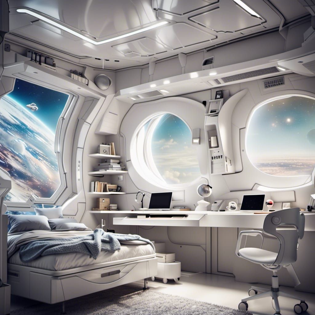 Hyperrealistic Spaceship Bedroom with Bunkbed and Space View