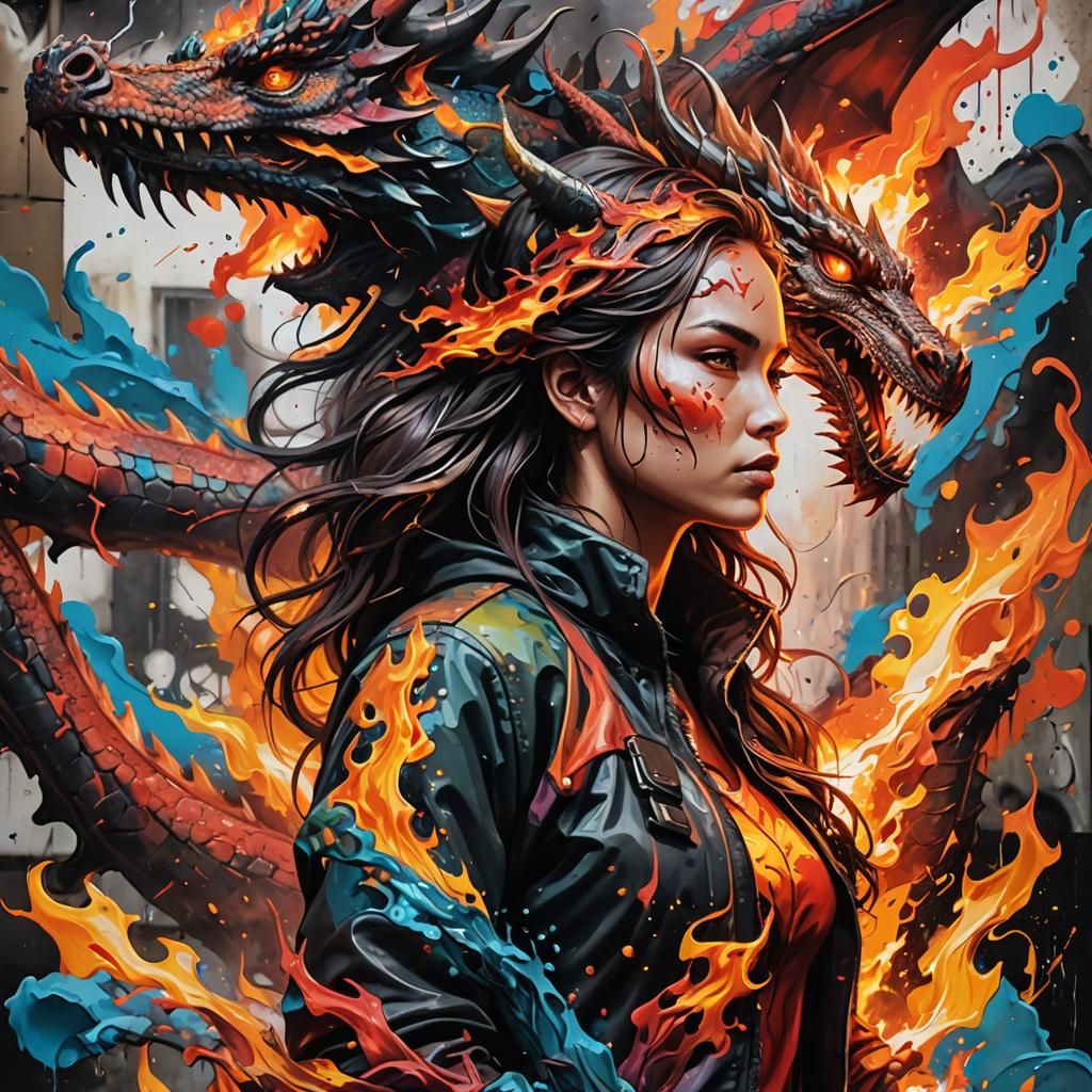 Fiery Woman with Dragon in Graffiti Art